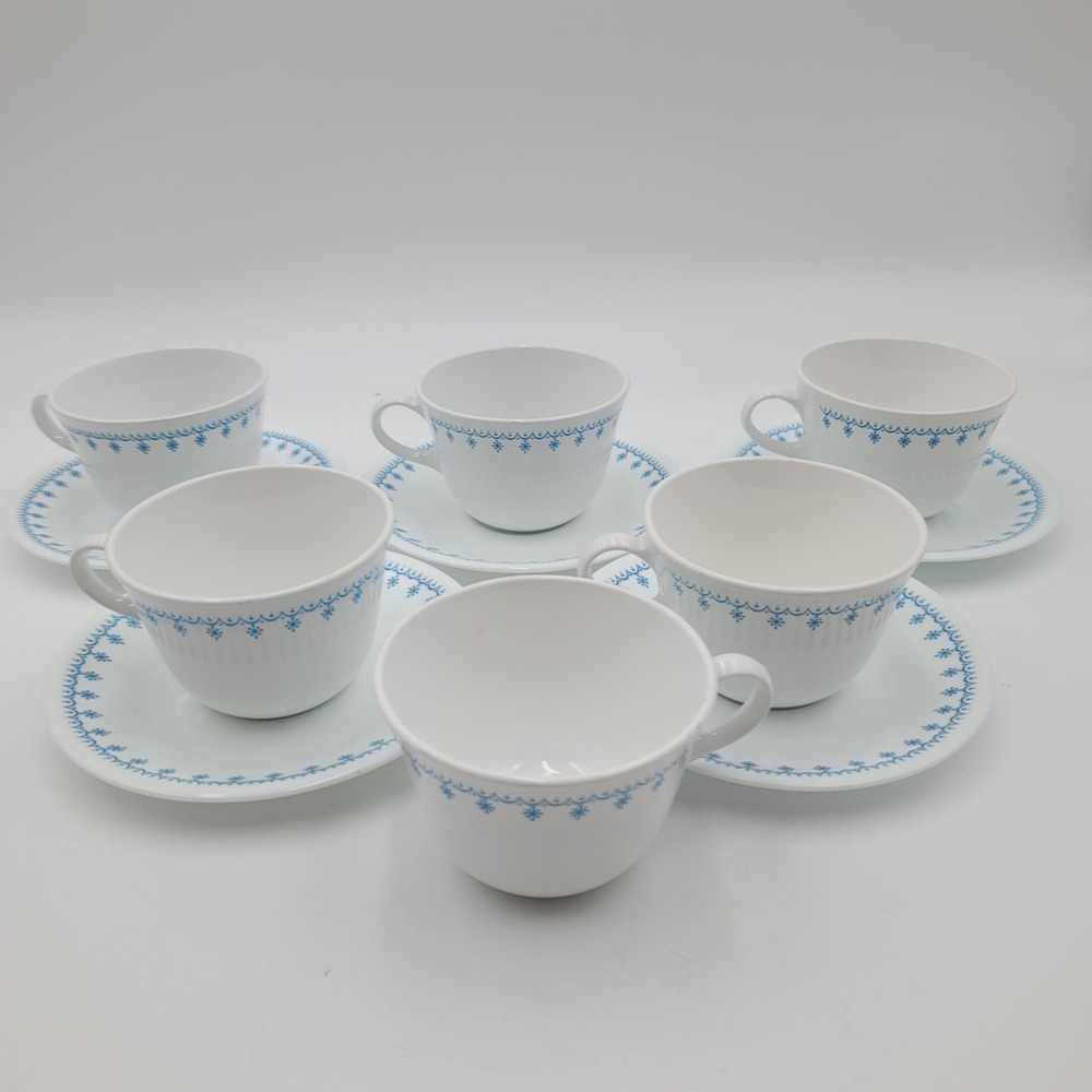 11pc Corelle Snowflake Blue Garland Tea Cup and Saucer Set Vintage Corning USA